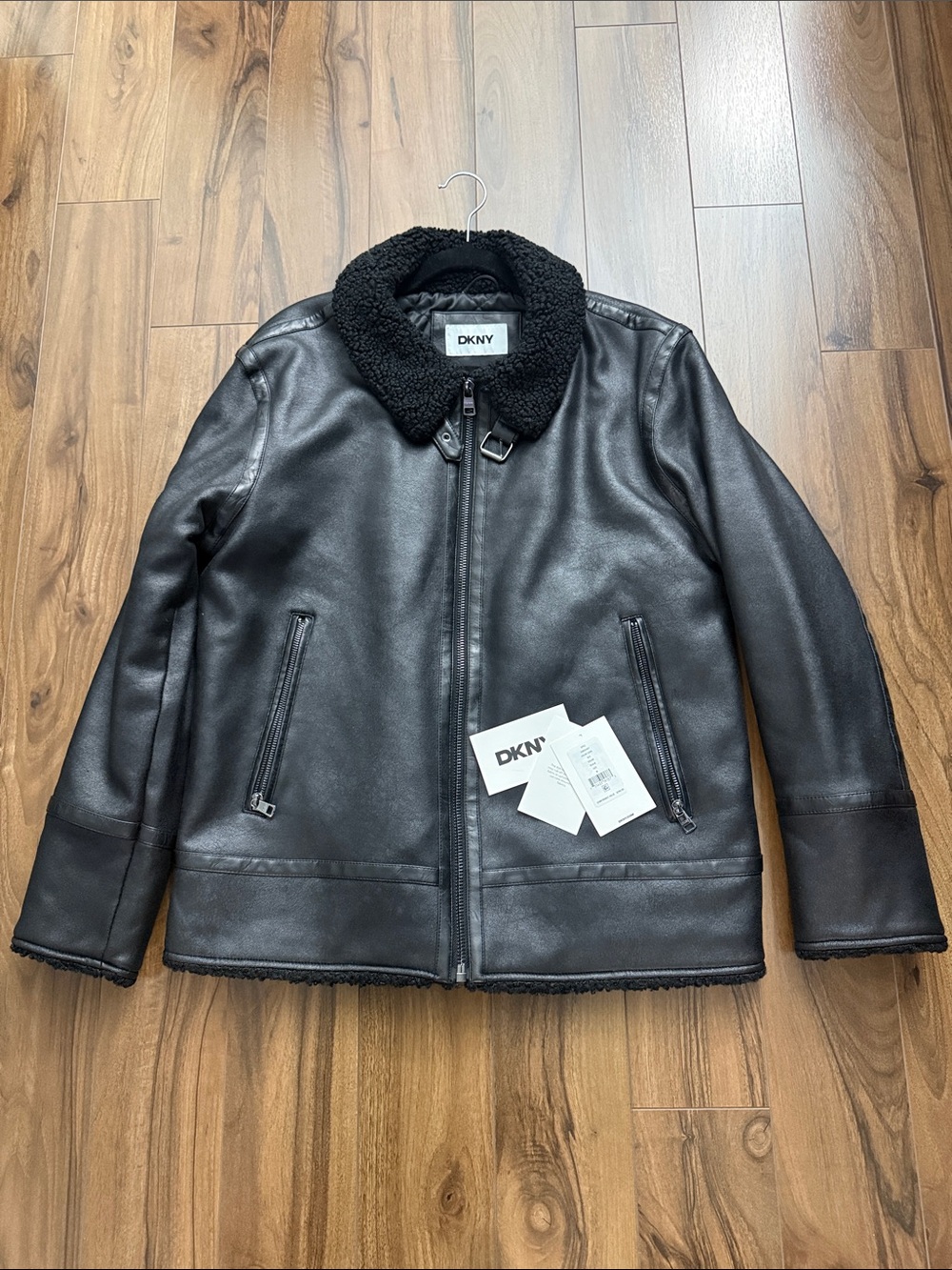 DKNY Black Men’s Faux Shearling Collar Bomber Jacket
